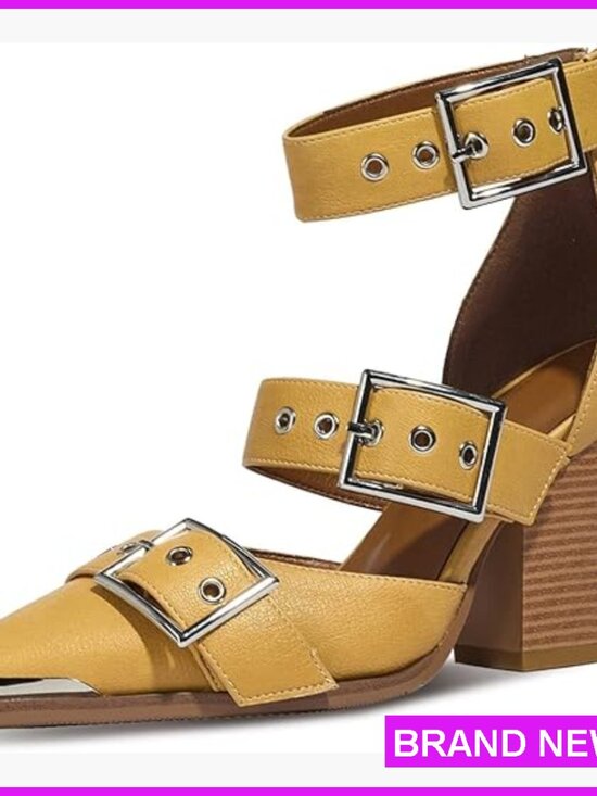 Shoes - Pointed Toe Pumps Chunky Wedge Heels Ankle Strap Western Sandals Metal Buckle